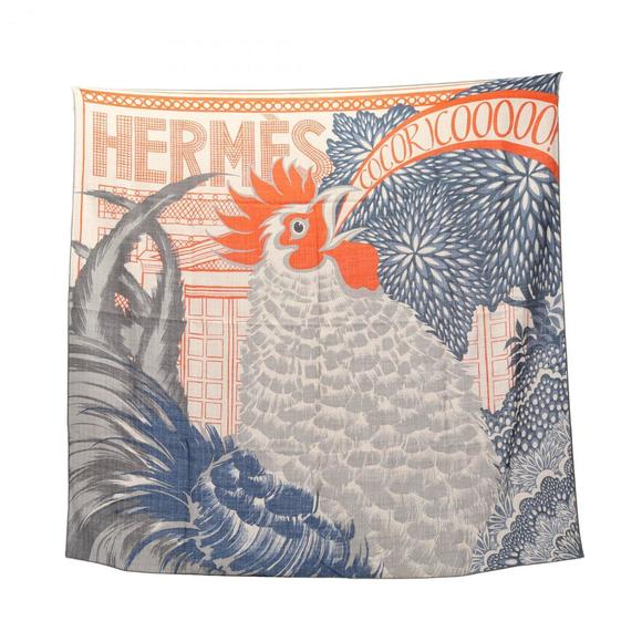Hermes Hermès Carré 100 COCORICOOOOO! Scarf, Silk, Cashmere, Women's, Beige, ... - Picture 1 of 3